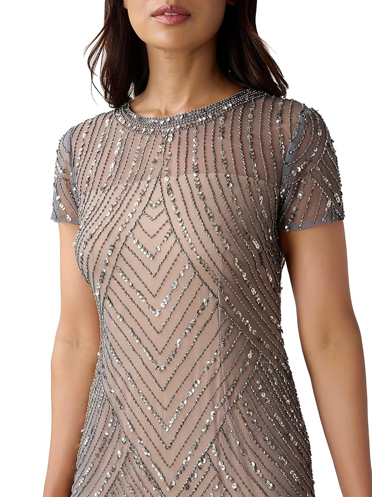 Adrianna Papell クリンクル メタリック リボン付きミディドレス Amazon.com: Adrianna Papell Women's Short Beaded Cocktail